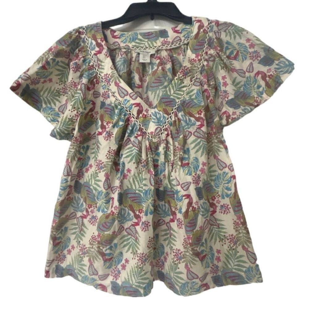 Haute Hippie Cream Tropical Floral V-Neck Flutter Sleeve Tunic